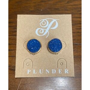 Plunder Design Blue Druzy Stud Earrings Gold Tone Round‎ Sparkly Jewelry Womens